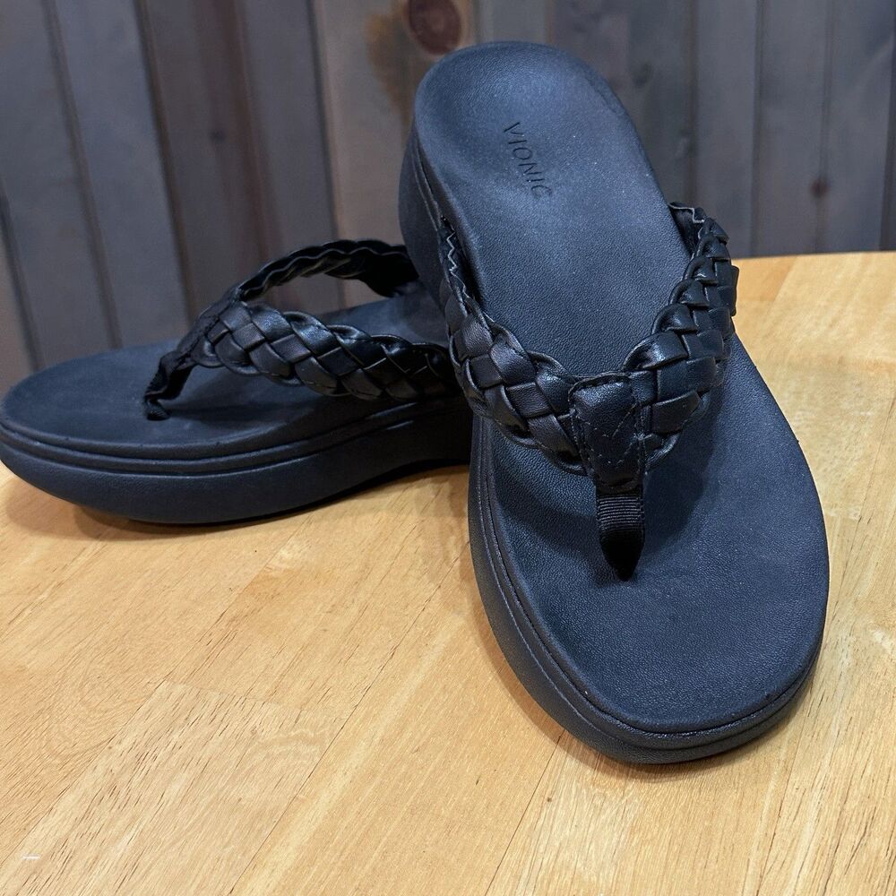 Vionic Kenji Black Braided Leather Platform Thong Sandal Orthotic Arch  Women 8